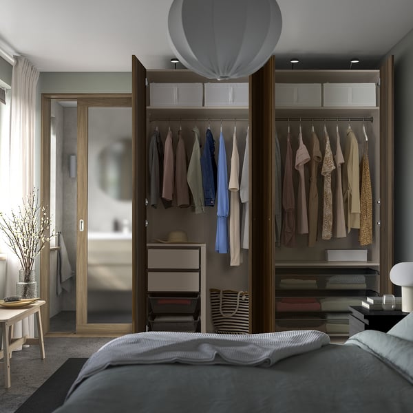 PAX / STORKLINTA Wardrobe combination, gray-beige/dark brown stained oak effect, 78 3/4x26x93 1/8 "