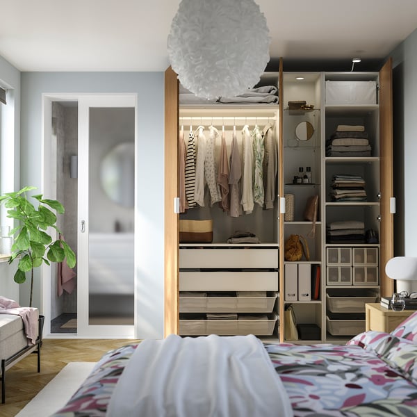 PAX / STORKLINTA Wardrobe combination, white oak effect/white, 72 7/8x23 5/8x93 1/8 "