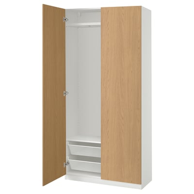 PAX / STORKLINTA Wardrobe combination, white/oak effect, 39 3/8x14 7/8x79 1/4 "