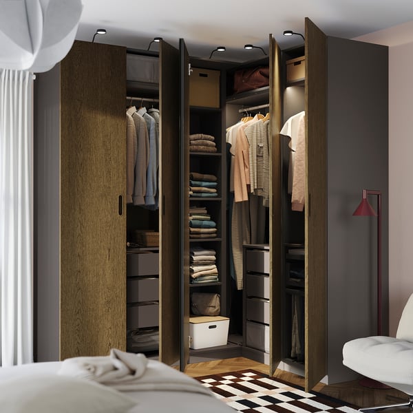PAX / TONSTAD Corner wardrobe, dark gray/brown stained oak veneer, 82 7/8/63 1/4x93 1/8 "
