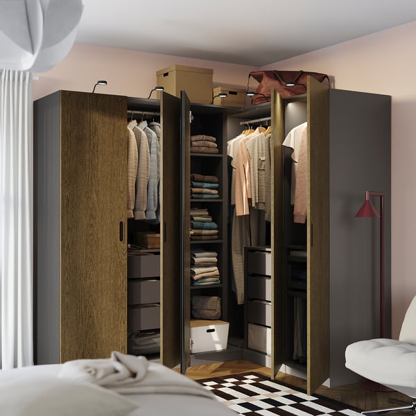 PAX / TONSTAD Corner wardrobe, dark gray/brown stained oak veneer, 82 7/8/63 1/4x79 1/4 "