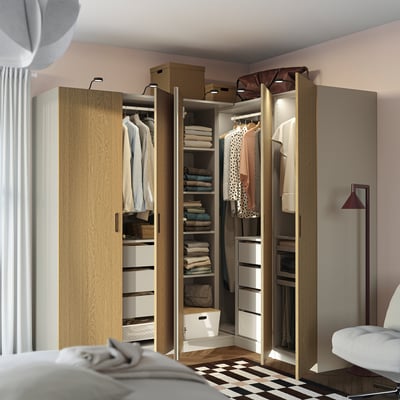 PAX / TONSTAD Corner wardrobe, gray-beige/gray-beige oak veneer, 90 3/4/63 1/4x79 1/4 "