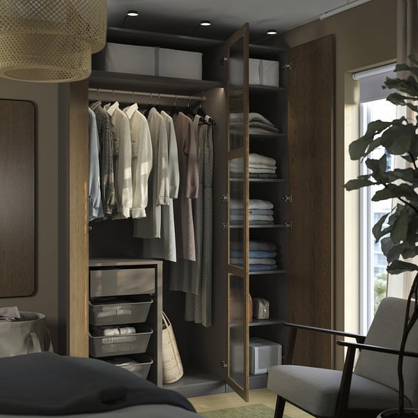 PAX / TONSTAD Wardrobe combination, dark gray brown/stained oak veneer glass, 59x23 5/8x93 1/8 "