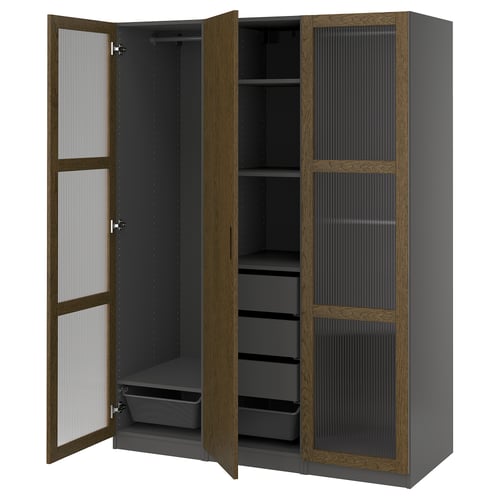 PAX wardrobe in grey and oak. It has glass doors, shelves, and drawers. Modern, functional design.