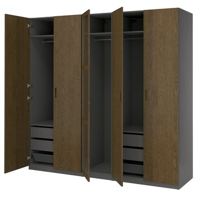 PAX / TONSTAD Wardrobe combination, dark gray brown/stained oak veneer glass, 98 3/8x23 5/8x93 1/8 "