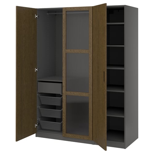 PAX wooden wardrobe, grey-brown. Two-door, left hinged, right fixed. Metal racks, mesh basket, shelves inside.