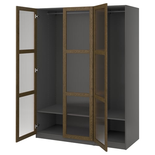 Grey PAX wardrobe with wooden doors open, displaying empty shelves and hanging rod.