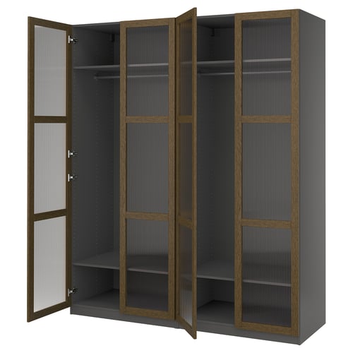 An open ikea PAX wardrobe in dark grey with glass doors. It a modern design with adjustable shelving.