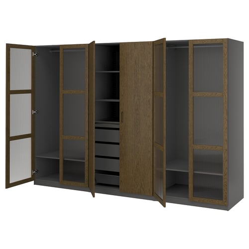 PAX wardrobe: brown oak doors, silver handles, dark grey interior, adjustable shelves.