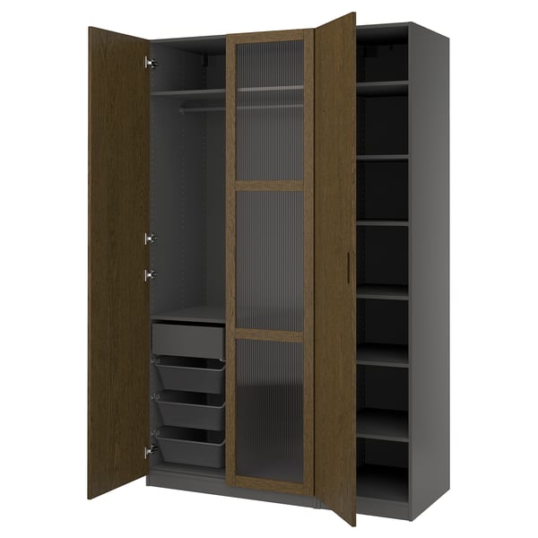 PAX / TONSTAD Wardrobe combination, dark gray brown/stained oak veneer glass, 59x23 5/8x93 1/8 "