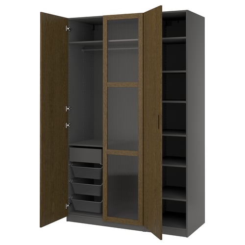 This image shows an open wooden wardrobe with shelves and drawers.