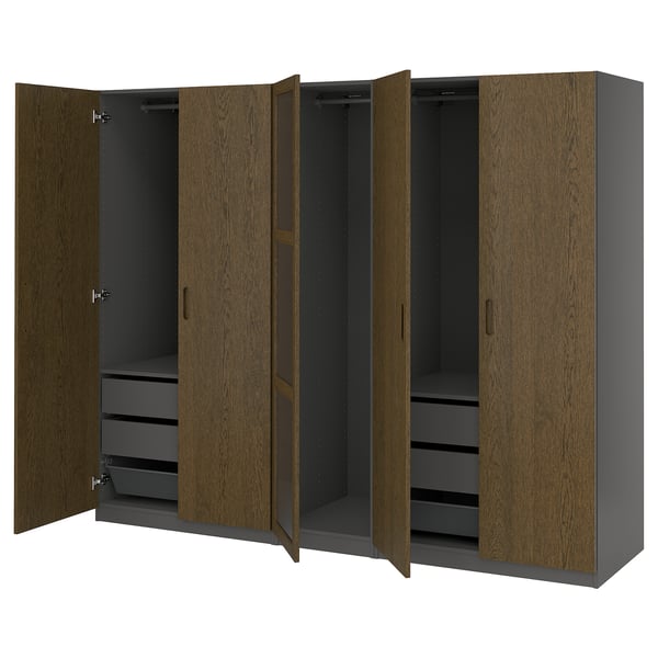 PAX / TONSTAD Wardrobe combination, dark gray brown/stained oak veneer glass, 98 3/8x23 5/8x79 1/4 "