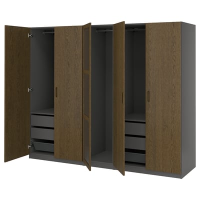 PAX / TONSTAD Wardrobe combination, dark gray brown/stained oak veneer glass, 98 3/8x23 5/8x79 1/4 "
