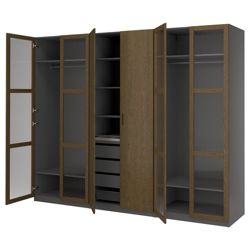 Wooden closet, grey interior, glass doors, shelves, drawers.