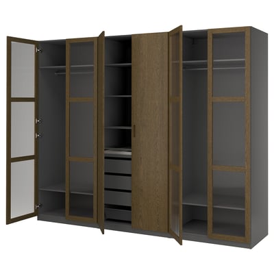 PAX / TONSTAD Wardrobe combination, dark gray brown/stained oak veneer glass, 118 1/8x23 5/8x93 1/8 "