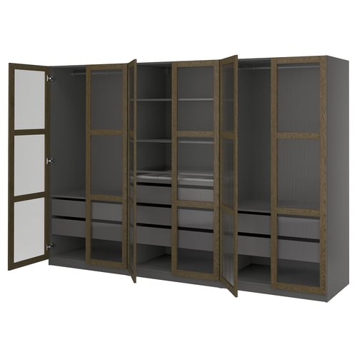 An open PAX wardrobe in black with glass doors. Multiple shelves and compartments inside.