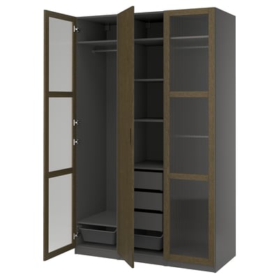 PAX / TONSTAD Wardrobe combination, dark gray brown/stained oak veneer glass, 59x23 5/8x93 1/8 "
