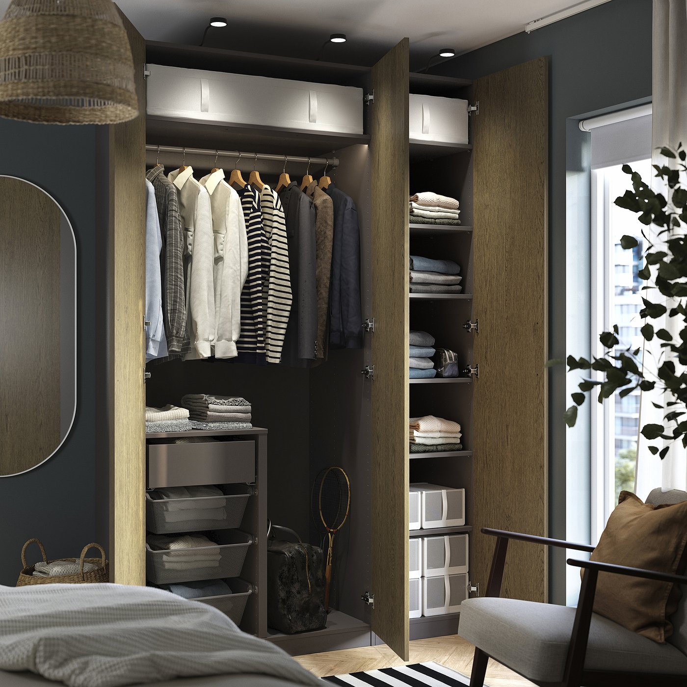 PAX / TONSTAD wardrobe combination, dark gray/brown stained oak
