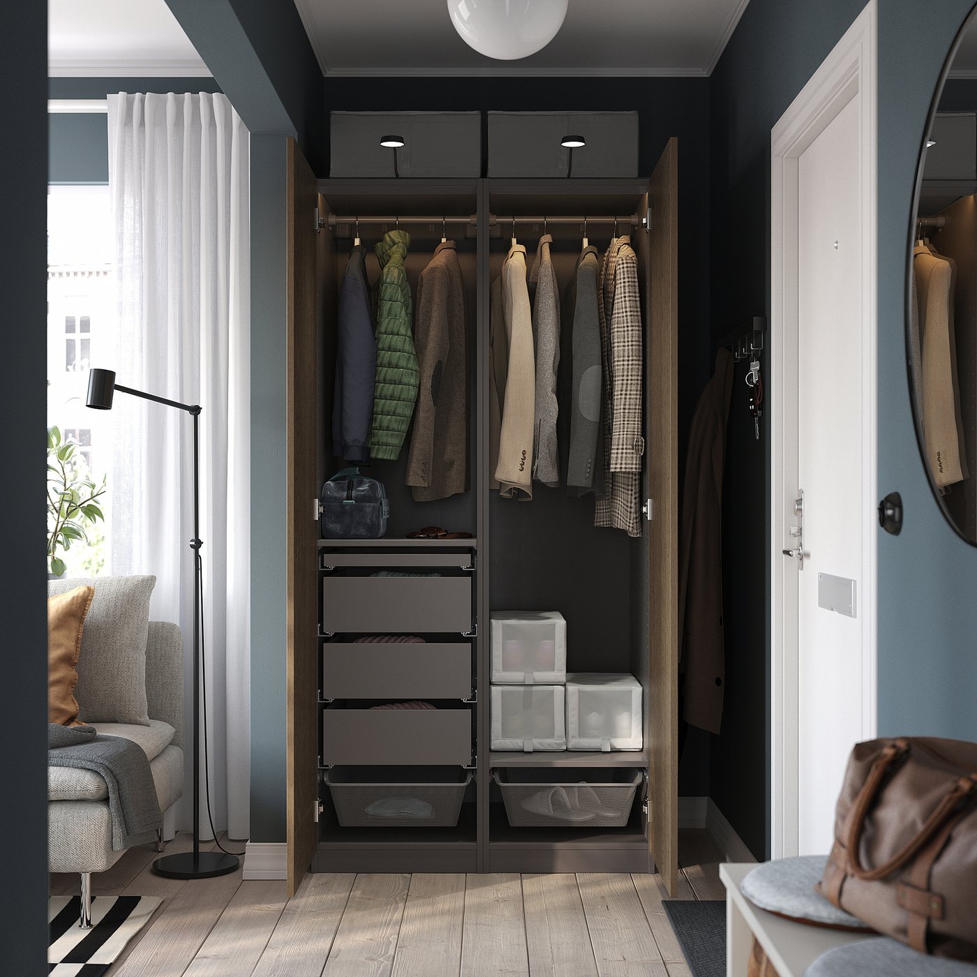 PAX / TONSTAD wardrobe combination, dark gray/brown stained oak