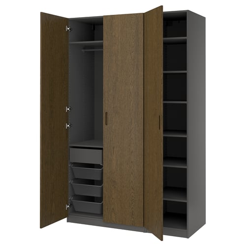 A grey and wood-colored PAX wardrobe, featuring open doors revealing shelves and drawers.