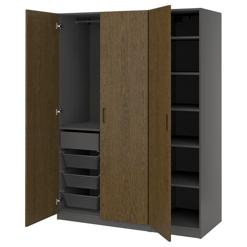 PAX wardrobe: tall, dual-door, dark wood & grey, with shelves & mesh drawers for efficient clothing storage.