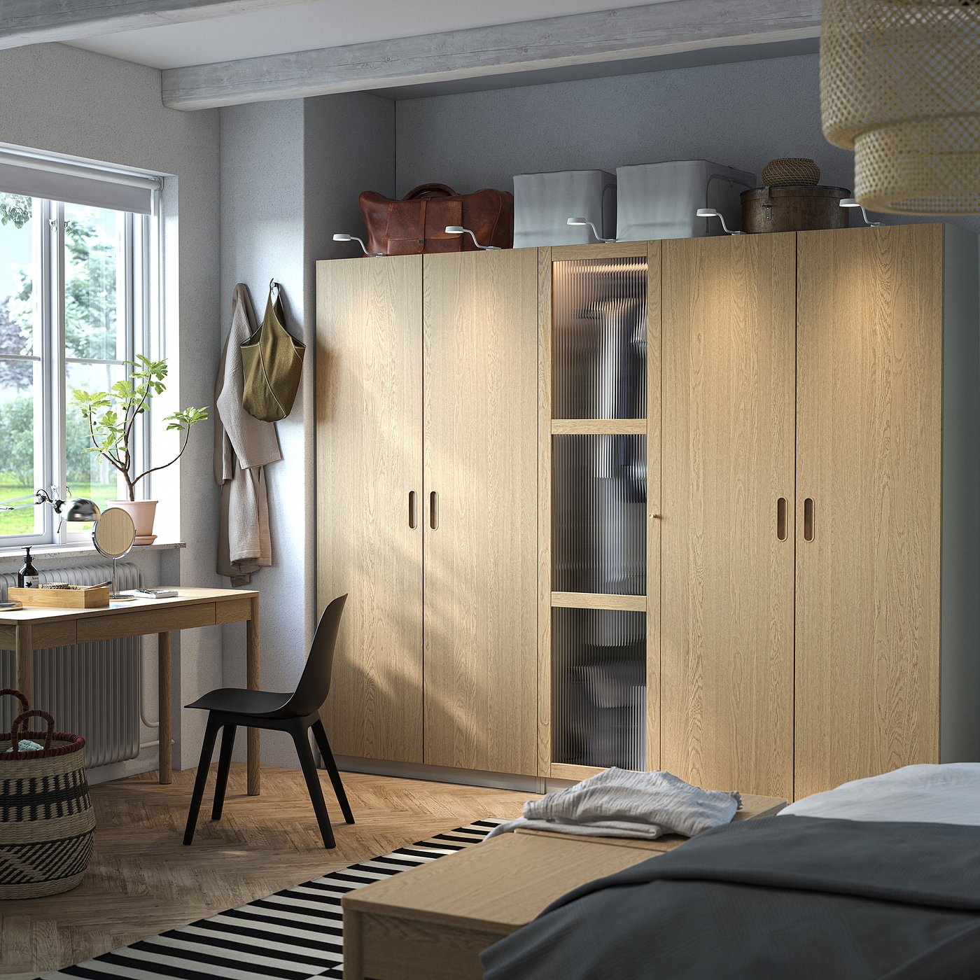 PAX / TONSTAD wardrobe combination, gray-beige/oak veneer glass
