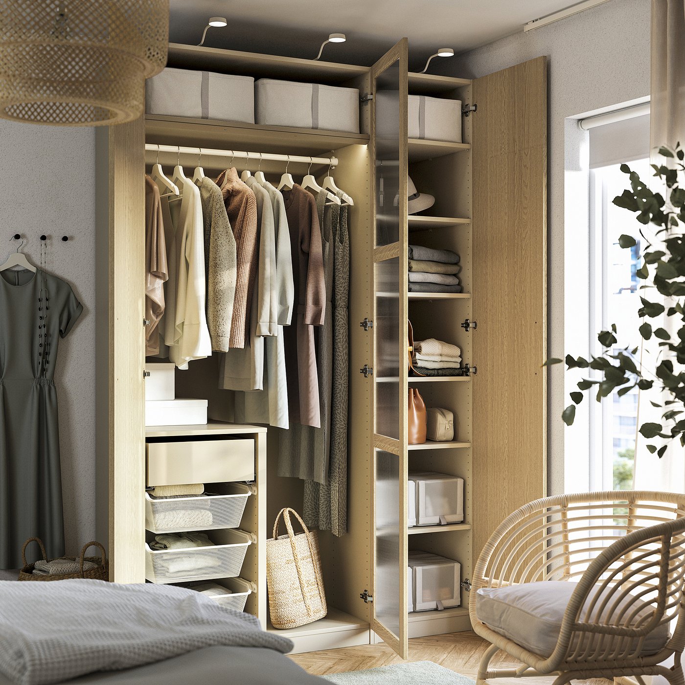 PAX / TONSTAD wardrobe combination, gray-beige/oak veneer glass