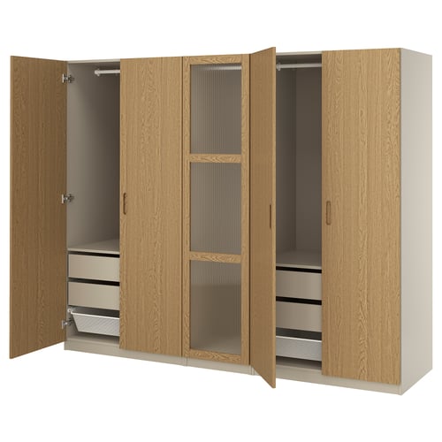 Modern light brown wooden wardrobe with mesh drawers and hanging rail. Four-door, two shelves, two mesh baskets.