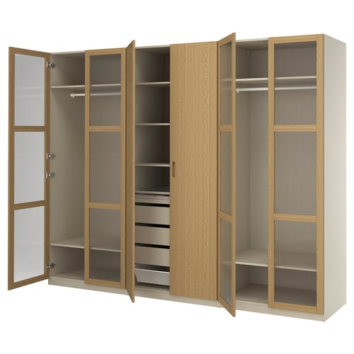 PAX wardrobe, light oak, rectangular, open doors showcasing shelves and drawers.