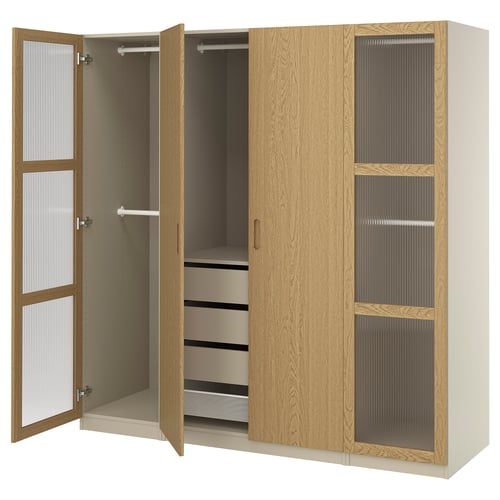 PAX, oak-colored wardrobe, open and closed sections, combination of wood and glass, adjustable shelves, and soft-closing hinges.