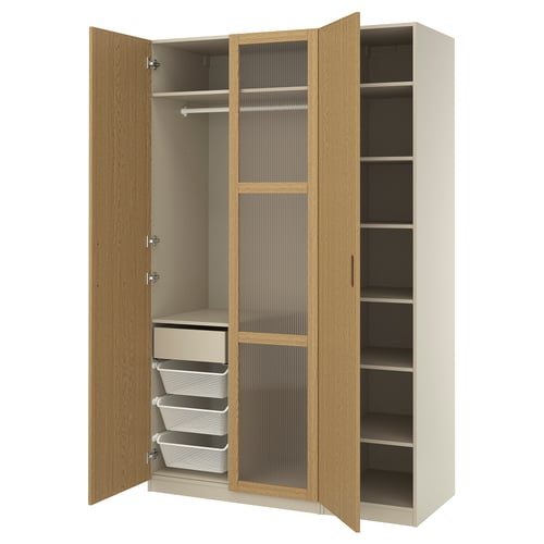 Large wooden closet, light oak, asked hinged doors, mesh baskets, shelves.