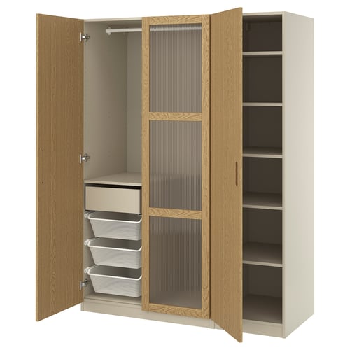 PAX wardrobe: light beige with wooden doors. Offers drawers and shelves, wood texture, rectangular design.