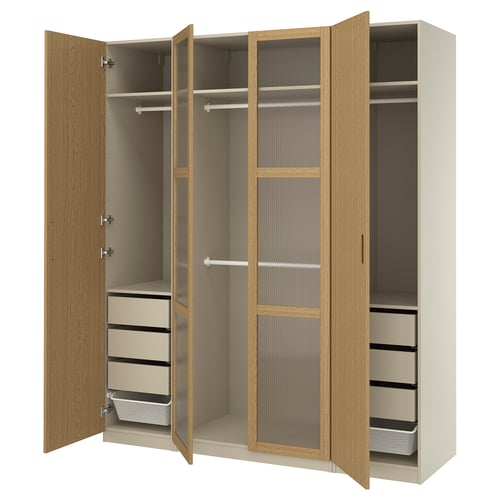 PAX wardrobe: light wood, three sections, two open doors, central shelf.