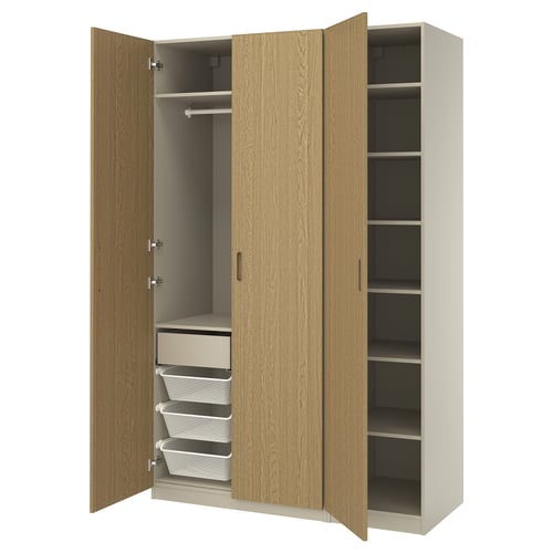 Wooden PAX wardrobe with open shelves, drawers and baskets