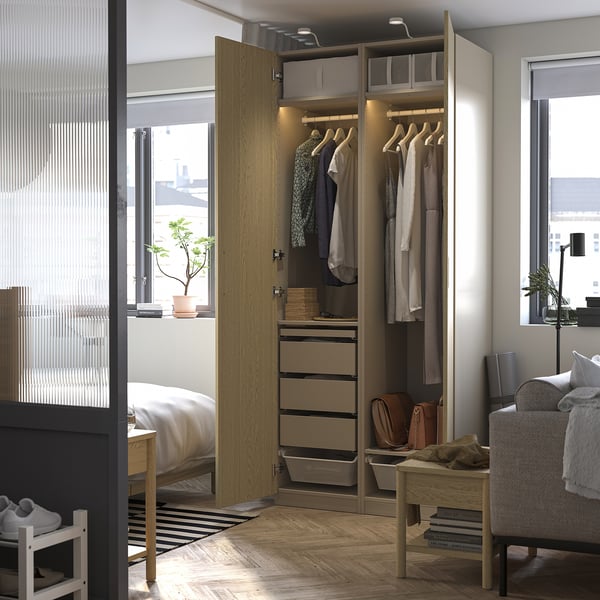 PAX / TONSTAD Wardrobe combination, gray-beige/oak veneer, 39 3/8x23 5/8x93 1/8 "