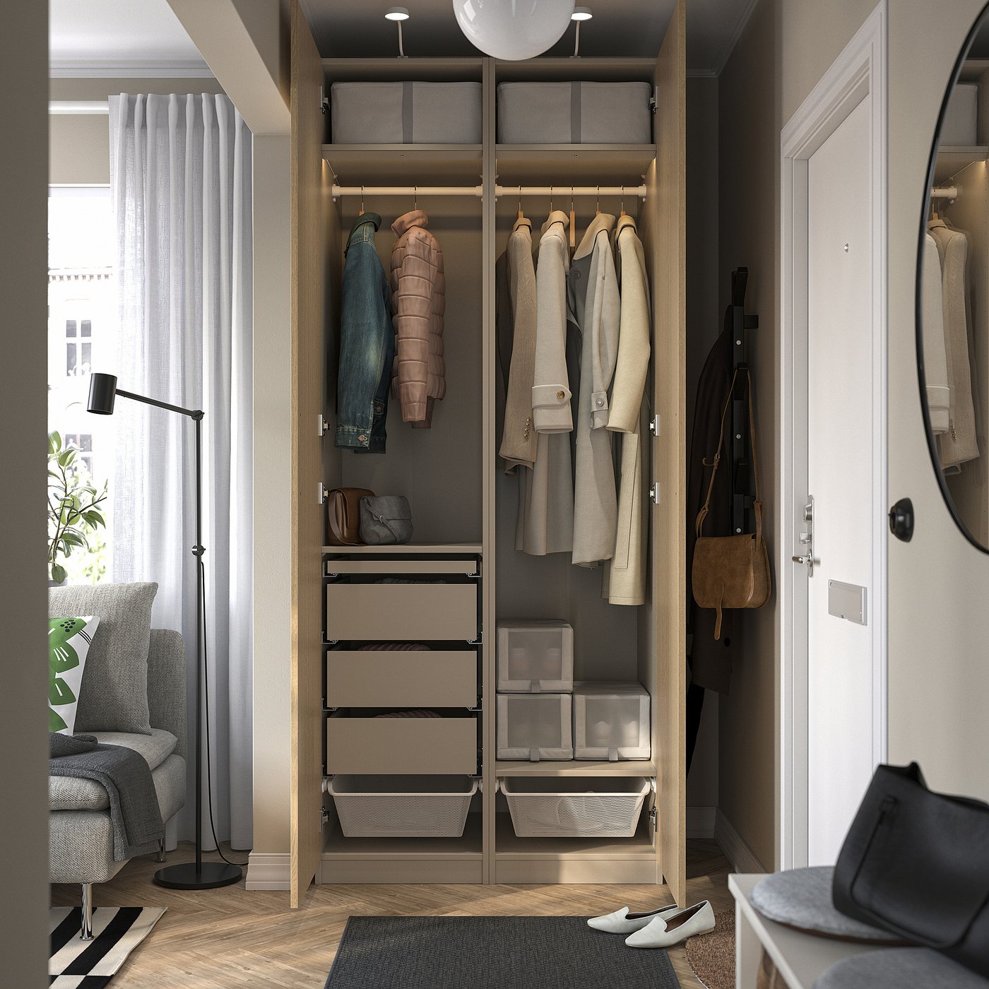 PAX / TONSTAD wardrobe combination, gray-beige/oak veneer, 393