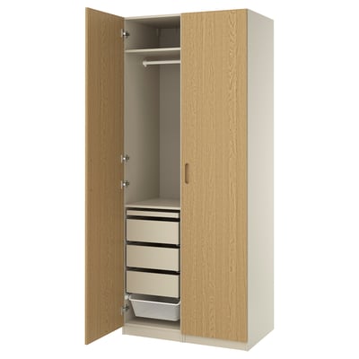 PAX / TONSTAD Wardrobe combination, gray-beige/oak veneer, 39 3/8x23 5/8x93 1/8 "
