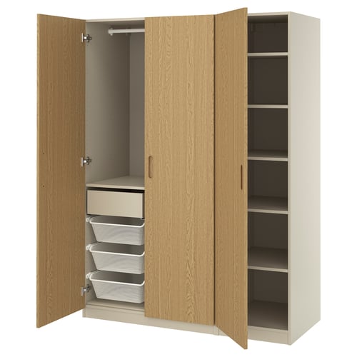 PAX wardrobe: oak doors, beige frame, adjustable shelves, mesh baskets, soft-close hinges.