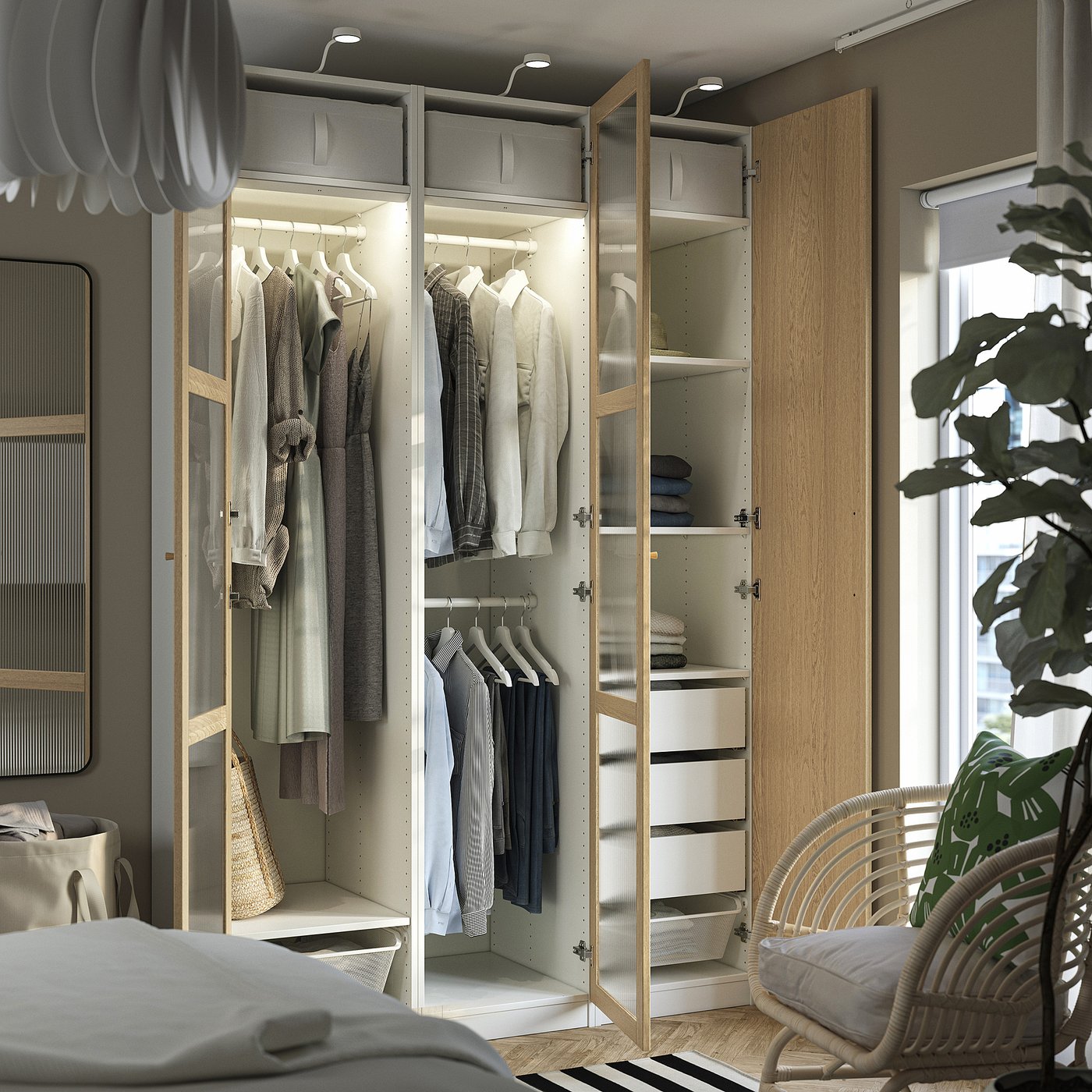 PAX / TONSTAD wardrobe combination, white/oak veneer glass, 59x235