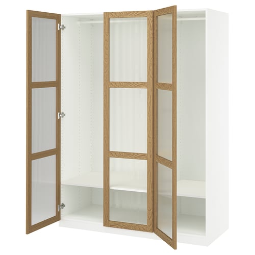 Open white PAX wardrobe with wood trim and glass doors.
