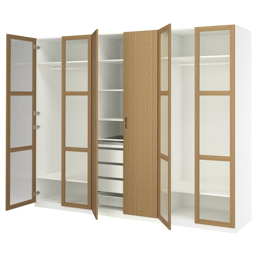 White & oak ikea PAX wardrobe with open doors, shelves & drawers, modern & functional.