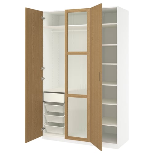 An open white and light wood PAX wardrobe with shelves and drawers.