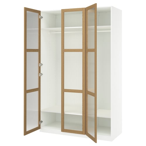 PAX wardrobe, white with wooden doors, frosted glass panels, wall-mounted, four adjustable shelves.