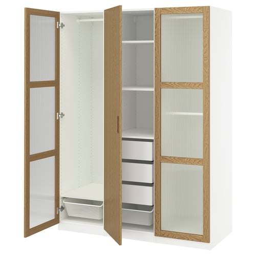 PAX wardrobe: white & oak, 3 sections, 2 doors open, shelves & drawers inside.