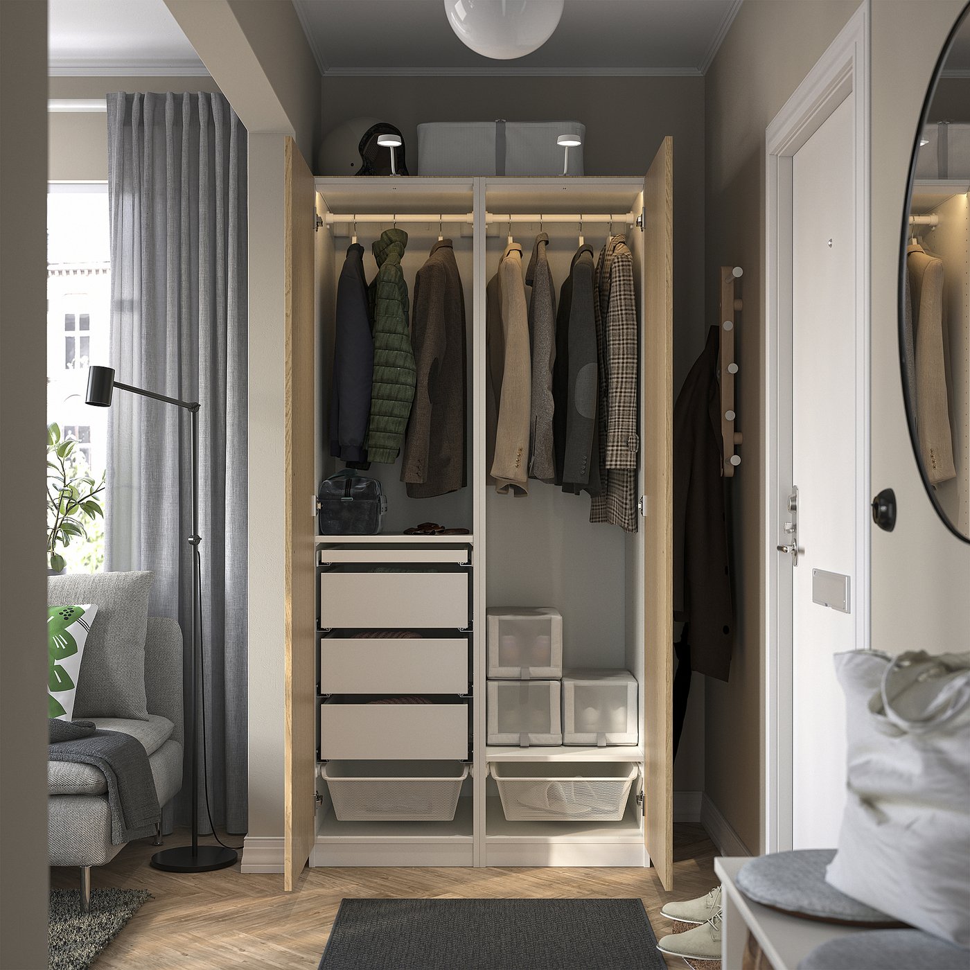 IKEA家具 PAX / TONSTAD wardrobe combination, white/oak veneer, 59x235/8x791