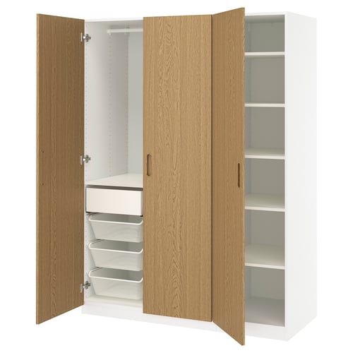 PAX wardrobe with wooden doors, white interior, shelves, and drawers.