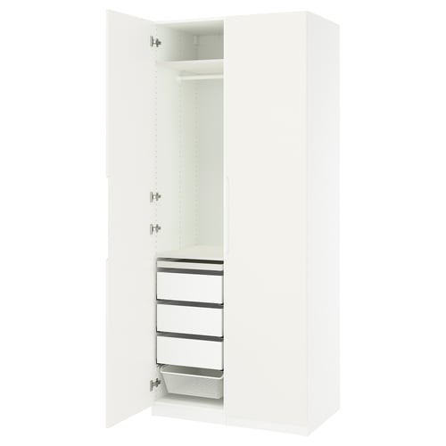 A white PAX wardrobe with one door open, revealing shelves and a mesh basket.