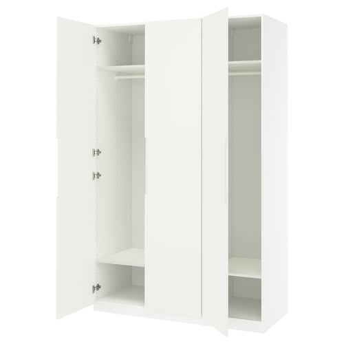 White PAX wardrobe open, featuring shelves and hangers.