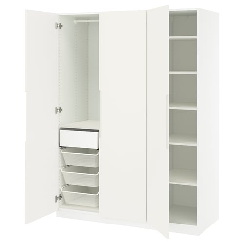 White PAX wardrobe with open shelves and drawers, sleek modern design.