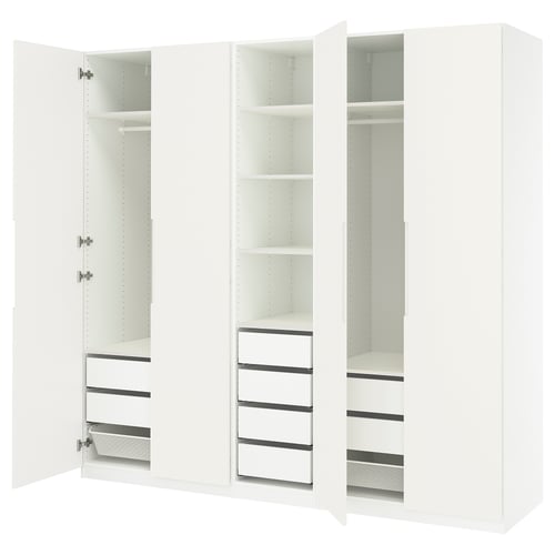 White PAX wardrobe with mirrored doors, featuring shelves and drawers.